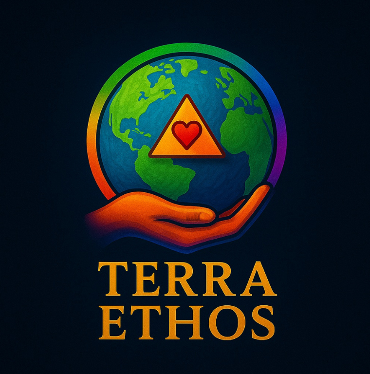 Terra Ethos emblem showing the Earth held in a hand, with a triangle and heart at the center.